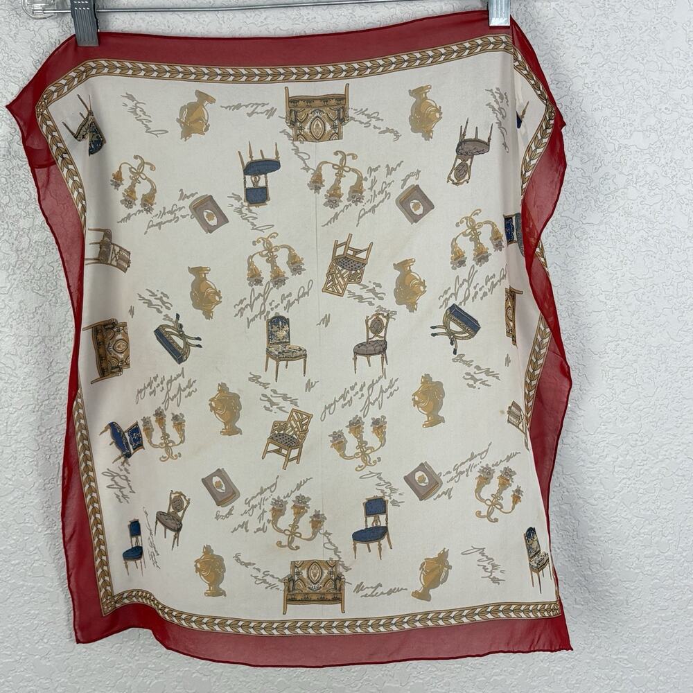 Vintage Liz Claiborne Silk Scarf Red Gold Antique Chairs 20X20”